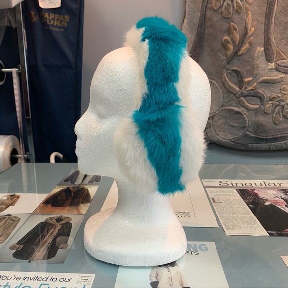 Genuine Fur Teal Blue Stripe Ear Muffs - Picture 3 of 6
